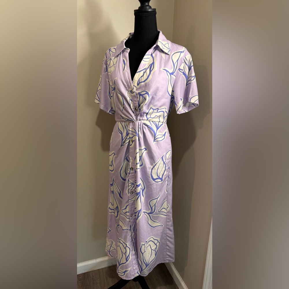 Lavender Floral Button Front Midi Shirt Dress Elastic Waist Cottagecore Small